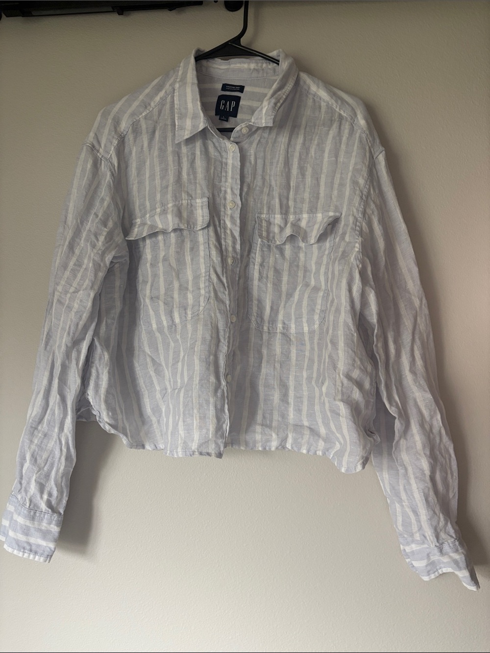 GAP White and Light Blue Striped Button-Up Linen Blouse